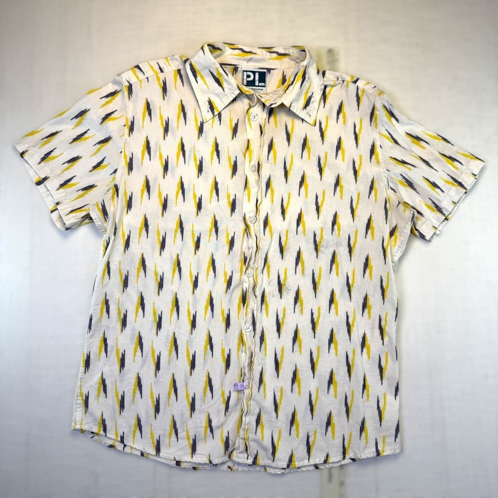 VTG PL Ethical Fashion Shirt For Men White Yellow Blue Bolt Print Mens Large USA